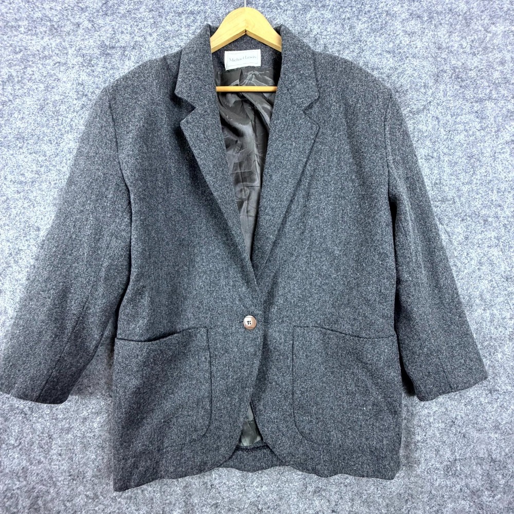 Vintage Michael Lewis Blazer Womens Medium Dark Gray Single Breasted Notch Lapel